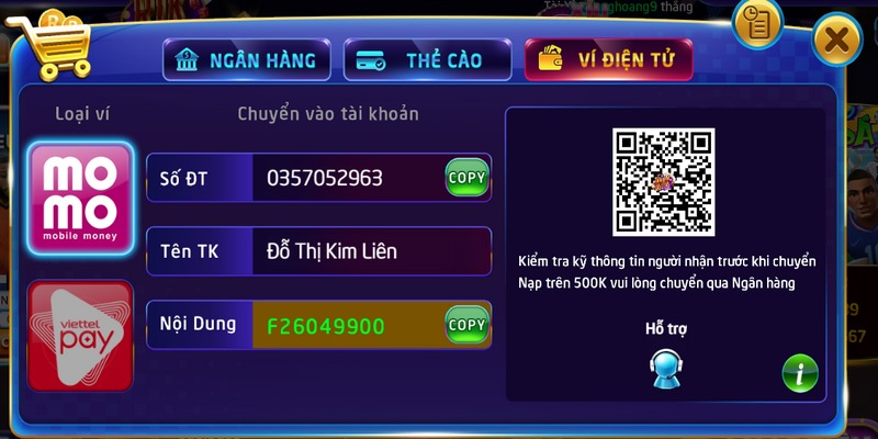 Tính năng nạp tiền tại cổng game được thiết kế với giao diện trực quan dễ hiểu